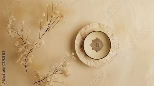 Elegant monochrome setup featuring a straw hat with an intricate lace design on a smooth, beige background with dried floral twigs.