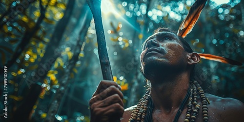 Indigenous amazon man with a spear in nature photo