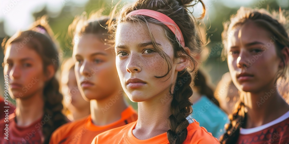 Portrait of determined female soccer players ready for the game.