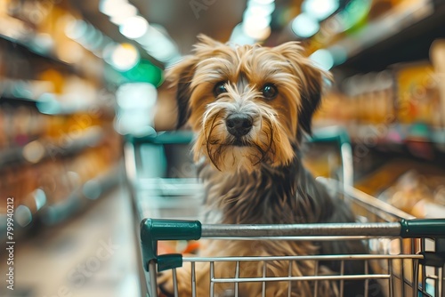 Cute dog sitting in a shopping cart at a grocery store. Concept Pets, Shopping, Cute Animals, Grocery Stores, Humor photo