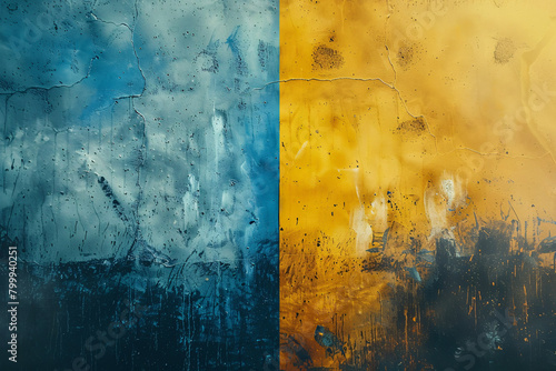 Abstract blue and yellow textured diptych painting