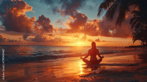 A serene sunset scene by the beach, with the silhouette of someone practicing yoga and embracing a smoke-free life. © 2D_Jungle