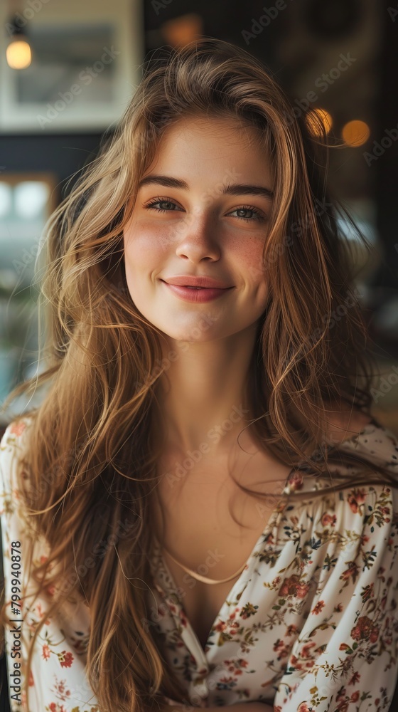 portrait of young happy woman looks in camera portrait of young happy woman looks in camera