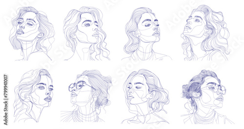 One line woman portrait, female person portraits lady head face hair outline art continuous contour abstract sketch drawing set vector illustration