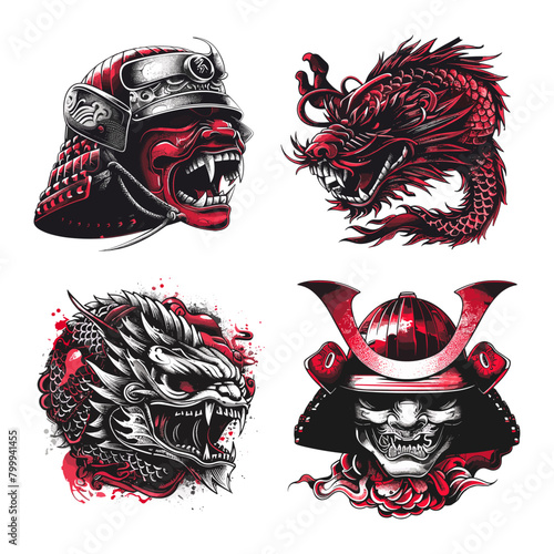 Samurai and dragon red head vintage tattoo sketch or stickers, medieval japanese warrior helmet mask evil fighter military mascot print emblem trash polka set vector illustration