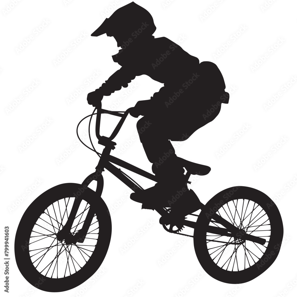 Fototapeta premium Vector silhouette of an extreme BMX sports person. Flat cutout icon