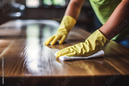 Generative AI photography of a hardworking person cleaning a dining room