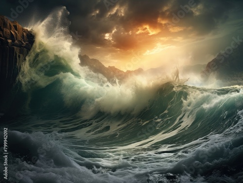 Dramatic Stormy Ocean Waves Crashing Against Rocks