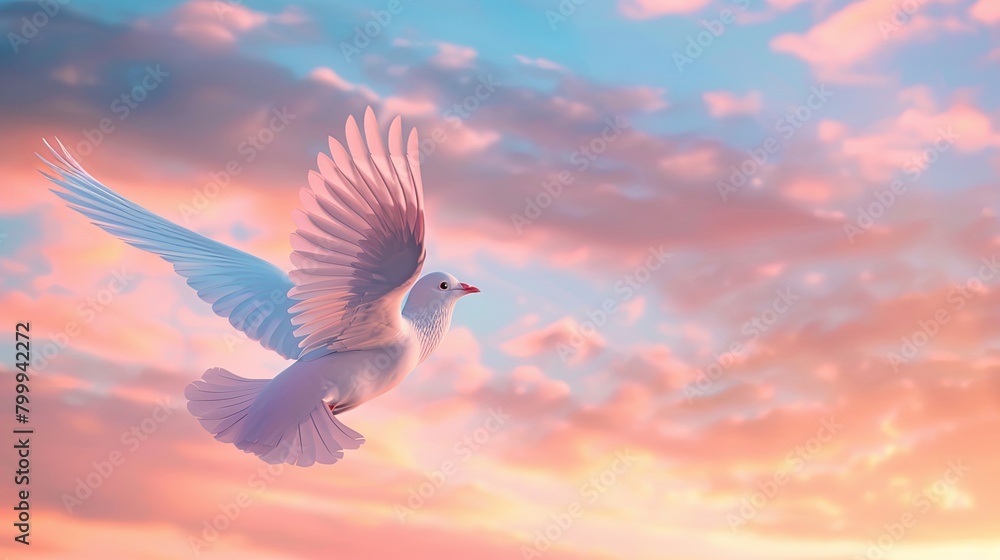 Creative 3D scene of a bird flying across a pastel sky, suitable for freedomthemed pet promotions , closeup