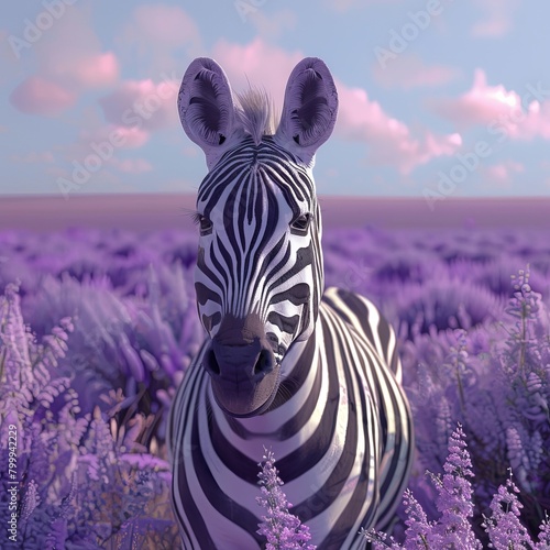 3Drendered zebra in a pastel violet grassland, suitable for wildlife documentary content, high definition, closeup , no dust photo