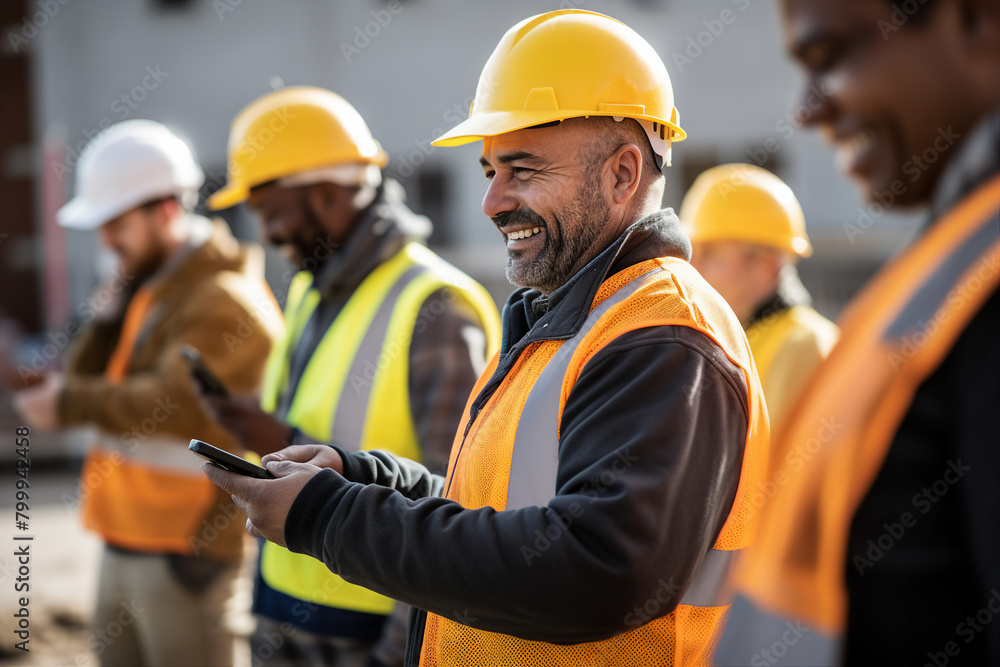 Generative AI picture Portrait of construction worker wearing a protective safety uniform clothes helmet at big building Generative AI picture Portrait of construction worker wearing a protective safety uniform clothes helmet at big building