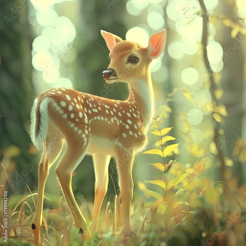 Gentle 3D fawn standing in a pastel green forest, ideal for nature reserve advertisements, high definition, closeup , macro