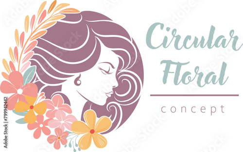 A woman circle profile face and flowers floral hair salon hairdresser spa beauty or similar concept