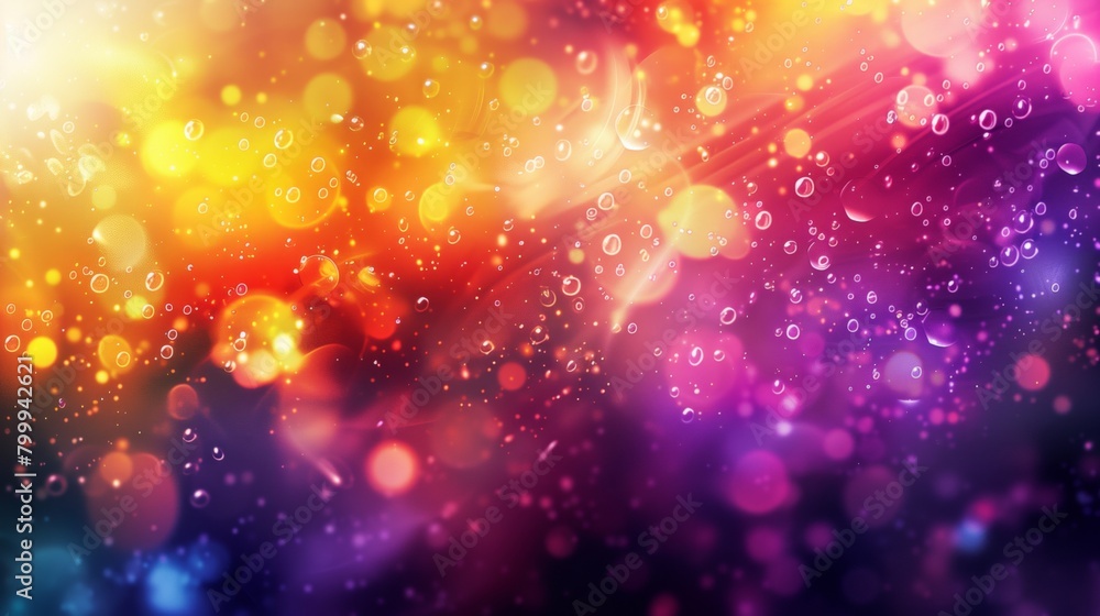 Vibrant abstract background with sparkling bubbles and rainbow colors gradient from yellow to purple.