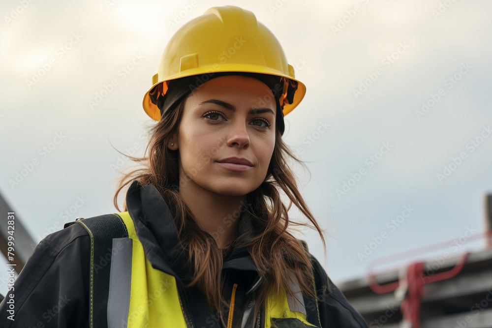 Generative AI picture Portrait of construction worker wearing a protective safety uniform clothes helmet at big building Generative AI picture Portrait of construction worker wearing a protective safety uniform clothes helmet at big building