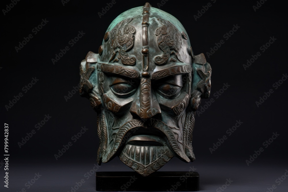 Ornate Bronze Mask with Intricate Carvings