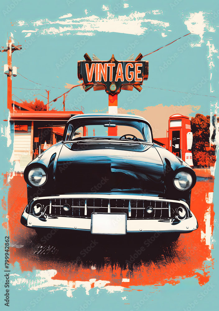 Tableau Toile – Voiture Américaine Vintage Devant Diner – Cadre Inclus – Déco Murale Rétro