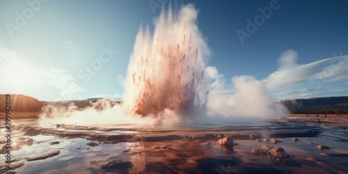 Erupting Geyser in Volcanic Landscape