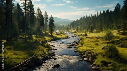 Serene mountain stream in lush forest landscape