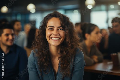 Smiling woman with curly hair in a cafe