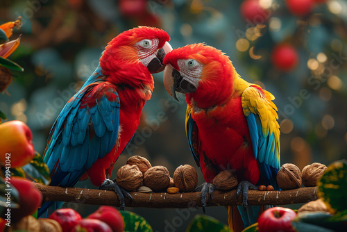 A pair of colorful parrots grooming each other on a perch, surrounded by bowls of assorted nuts and fruits.