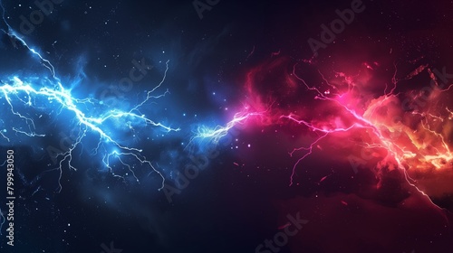 Vivid digital artwork featuring powerful pink and blue lightning bolts swirling across a dark, starry background. photo