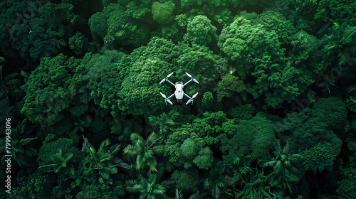 a scene where drones equipped with AI and sensors monitor wildlife populations in remote areas, aiding conservation efforts and biodiversity preservation. 