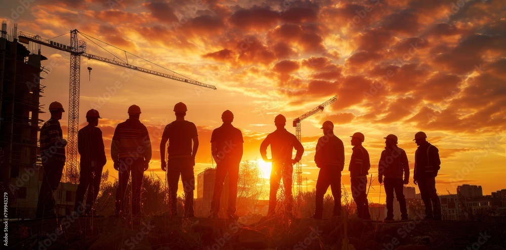 Fototapeta premium construction site builders workers at sunset