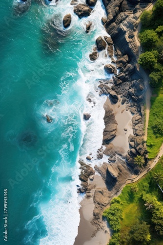 Stunning aerial view of rocky coastline with turquoise waves