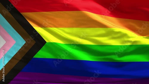 LGBTQ pride flag looping animation ,3drendering . Progress Pride Flag 3d animation waving in wind.  photo