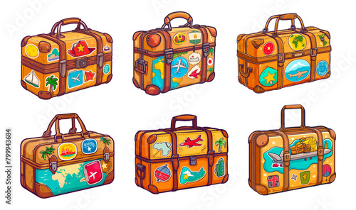 Travel suitcases, touristic leather luggage with travelling destinations stickers, airplane baggage journey trip vintage labels fashion briefcase set cartoon vector illustration