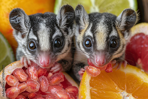 A pair of energetic sugar gliders sampling a mix of insect-based pellets and fresh fruits. photo