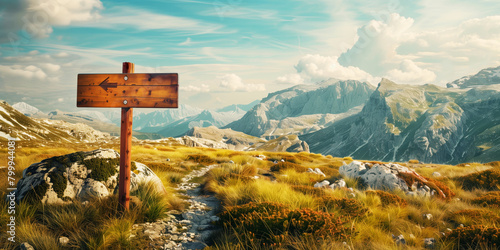 Scenic mountain landscape with a wooden directional signpost on a grassy pathway under a blue sky. photo