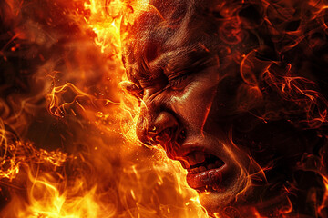 Generated with AI portrait of woman burning in hell flame background