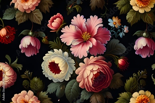 Vintage bouquet of beautiful flowers on black. Floral background. Baroque old fashiones style. Natural pattern wallpaper or greeting card Generative AI 