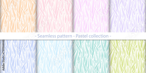 Monochrome floral seamless pattern set, leaves or grass of light pastel green, purple, blue, pink colors. Abstract and delicate vector print for fabric, wallpaper or wrapping paper design.