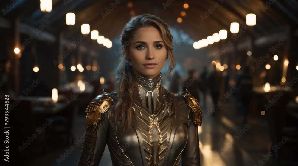 Futuristic warrior woman in golden armor Futuristic warrior woman in golden armor