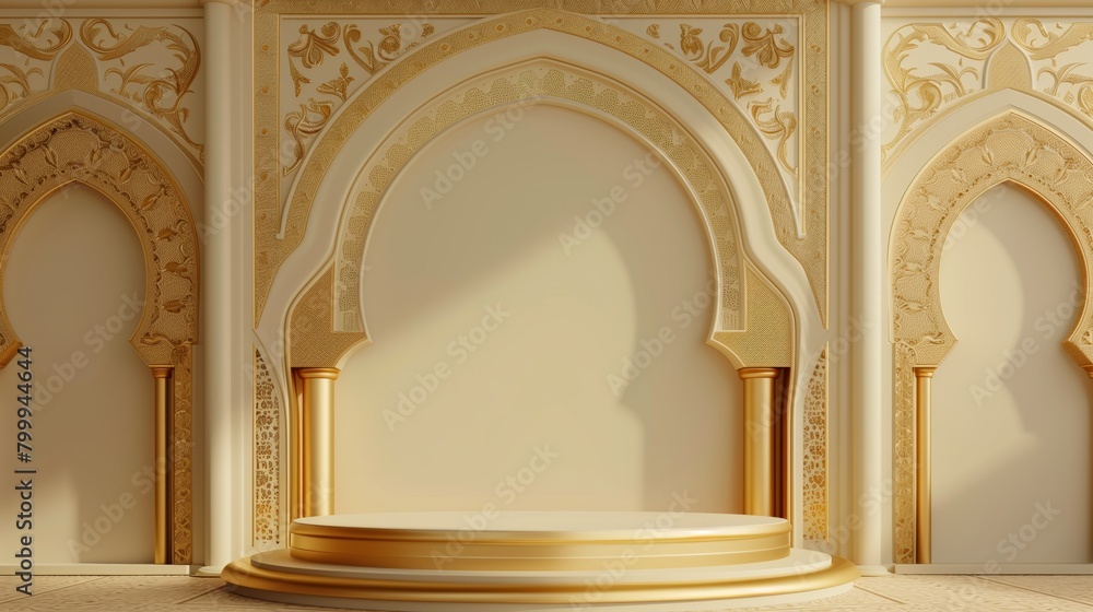 Elegant interior with ornate golden arches and a central pedestal in a luxurious Islamic design.