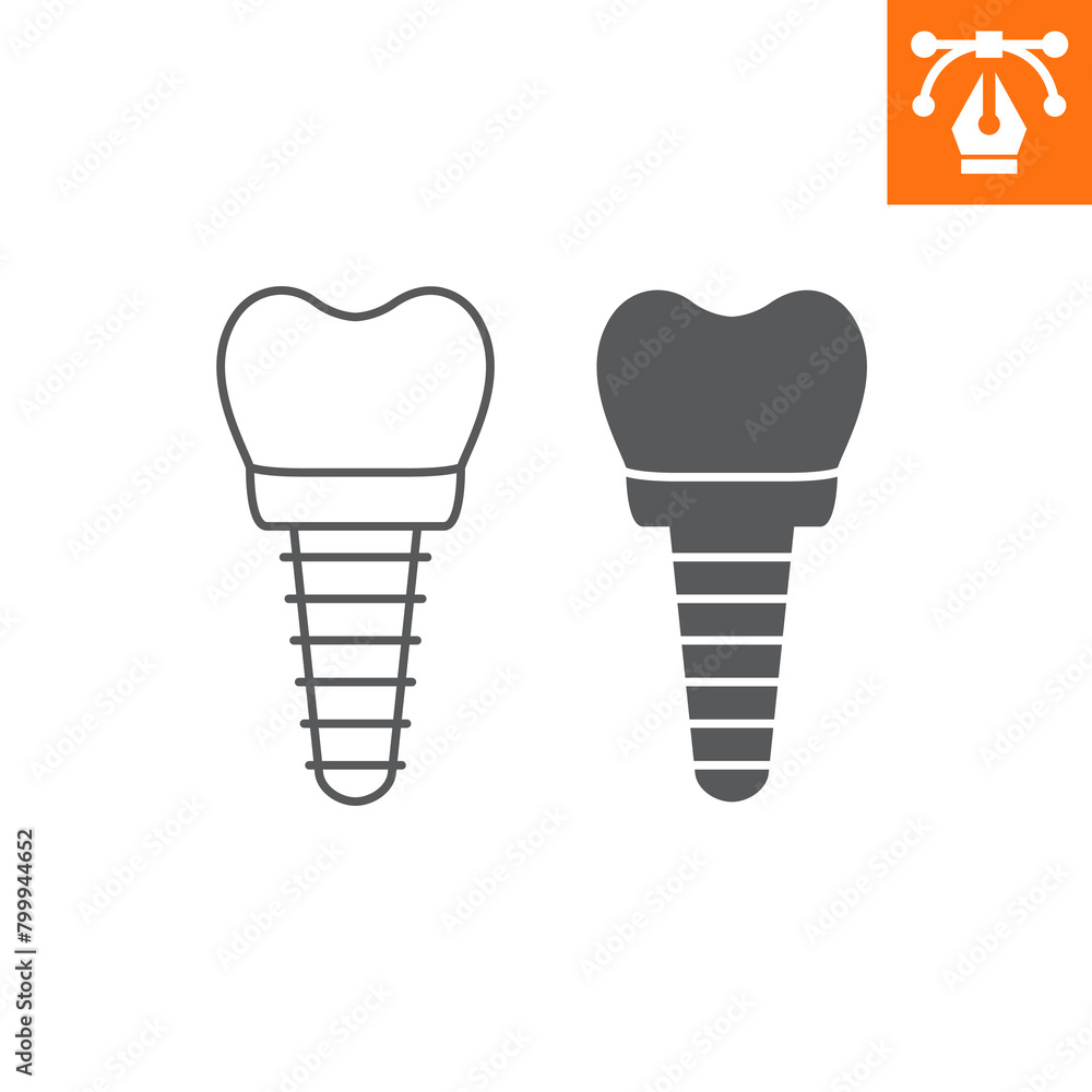 Dental implant line and solid icon, outline style icon for web site or mobile app, dentistry and treatment, implantation vector icon, simple vector illustration, vector graphics. Dental implant line and solid icon, outline style icon for web site or mobile app, dentistry and treatment, implantation vector icon, simple vector illustration, vector graphics.