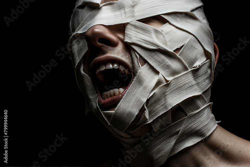 Generative AI photo of patient suffering severe pain in white bandages in hospital