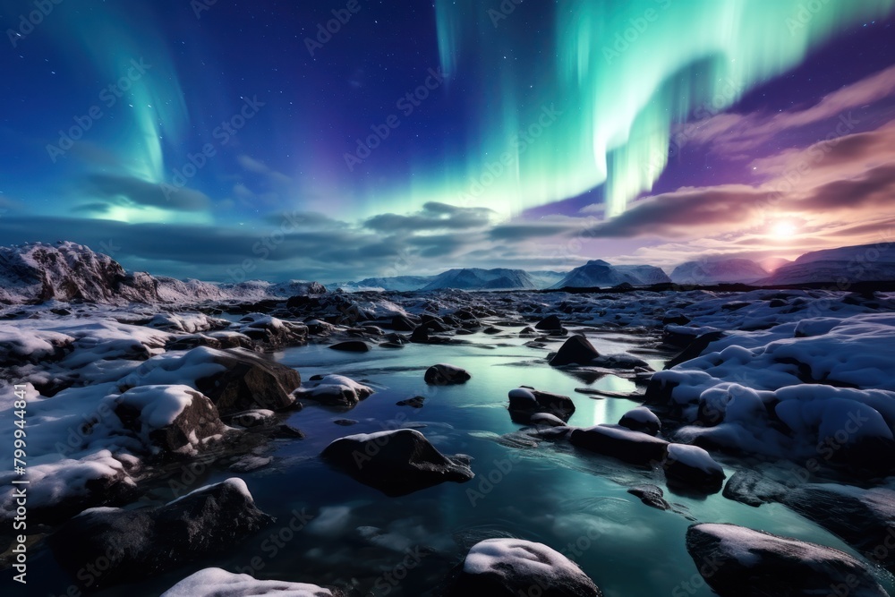 Naklejka premium Breathtaking Aurora Borealis over Snowy Landscape