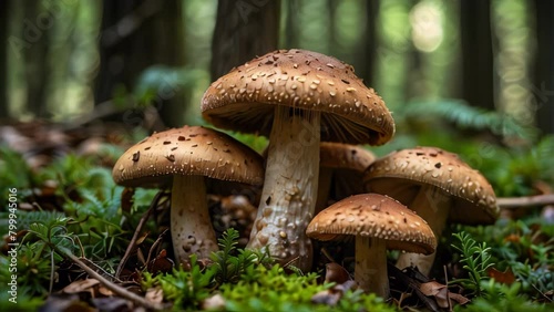 A group of mushrooms in the forest. AI. photo