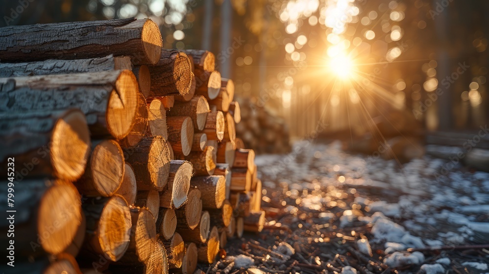Chopped firewood in forest at sunrise.