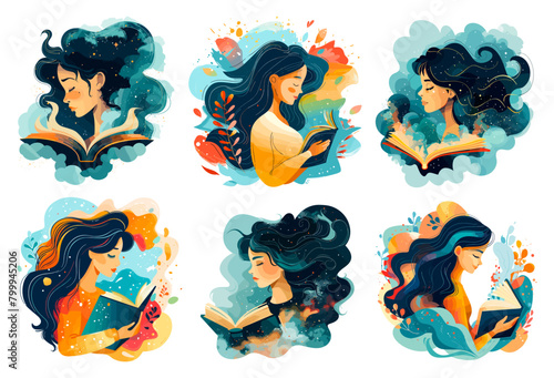 Woman book imagination concept, dramatic mysterious female person read novel books or diary, melancholic or happy abstract reading, lady dream reader vector illustration