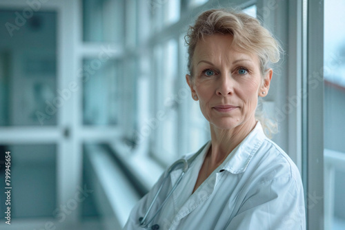 An experienced woman doctor is captured in a bright hospital with windows and a friendly demeanor photo