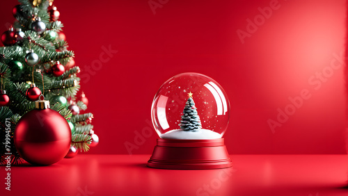 A Christmas tree is surrounded by a snow globe and a red background