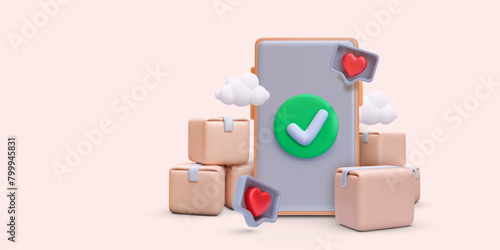 Online shopping concept in realistic style with phone, parcels, clouds. Vector illustration