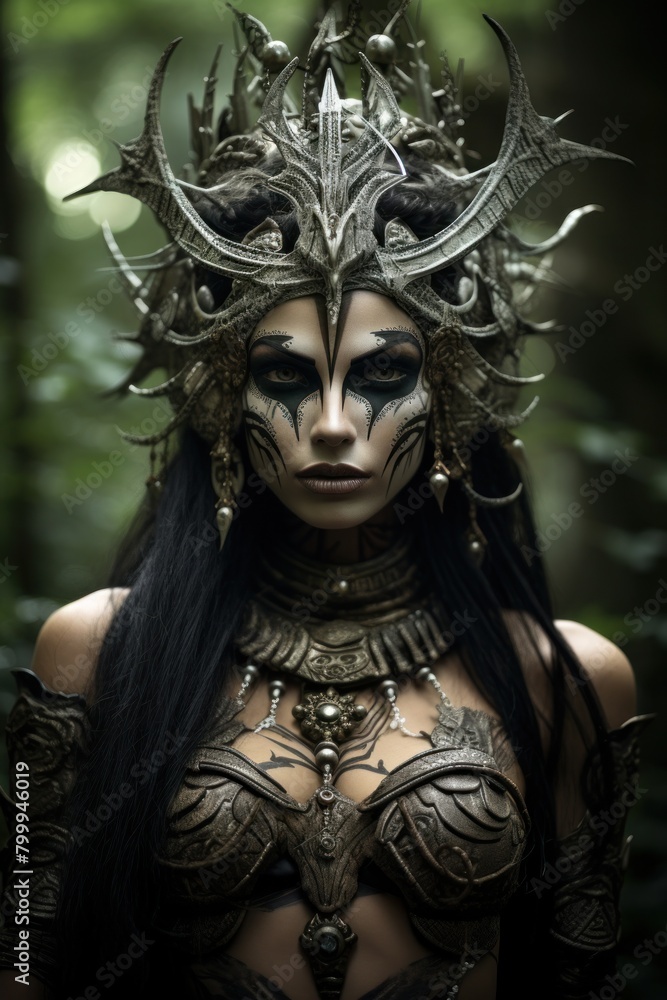Mysterious fantasy warrior woman in dark costume