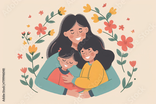 Mommy and daughter hugging illustration. Mother and kids painted background. Flowers around decor. Mother's day background.