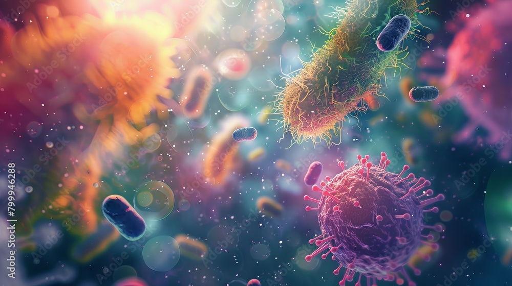 Otherworldly microscopic universe: intricate bacteria and microorganisms in vivid detail - scientific background image Otherworldly microscopic universe: intricate bacteria and microorganisms in vivid detail - scientific background image